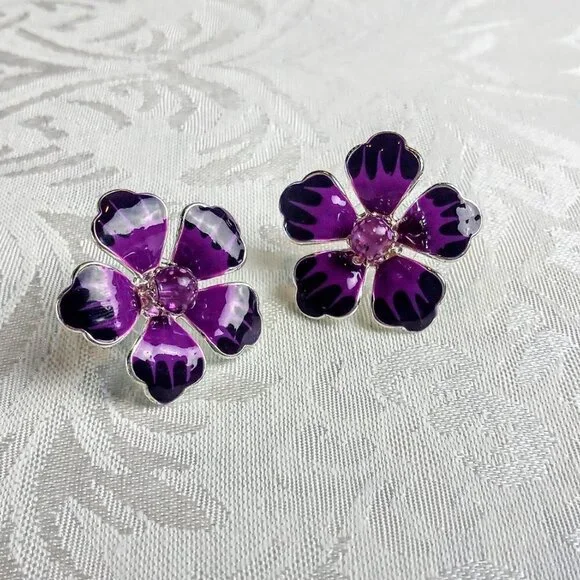 Vintage Purple Orchid Enamel Pieced Earrings - Picture 3 of 5